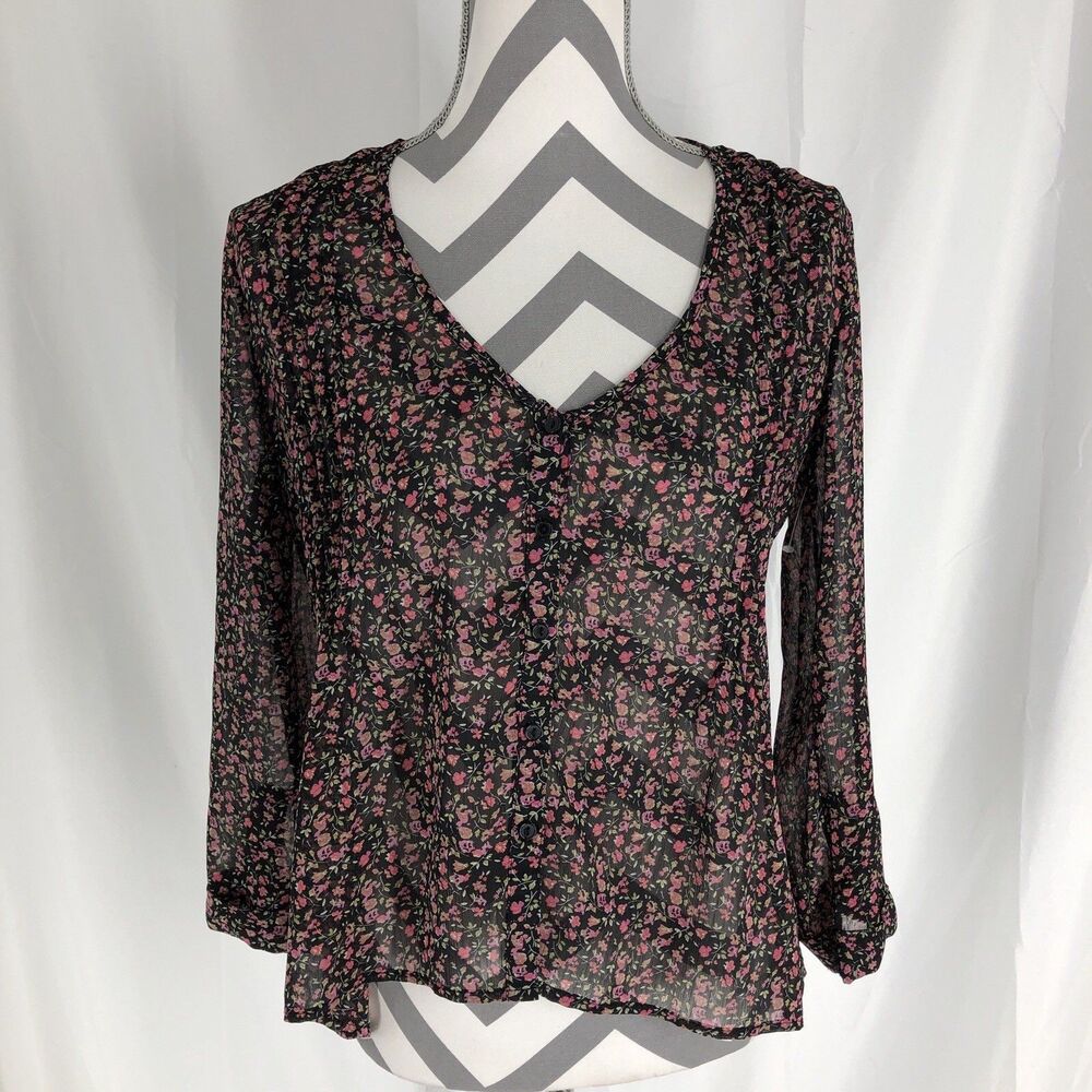 Kiva Top Womens Sm Black Floral Blouse Semi Sheer Button Up Pintuck V-Neck Woven